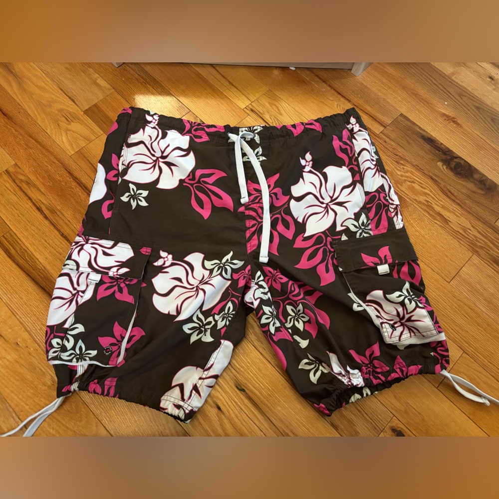 Brown Tropical Print Swim Cargos with Hibiscus Flowers with adjustable laces